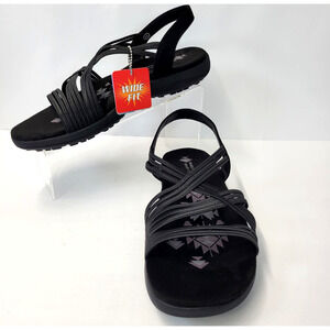 Skechers Sandal Shoes Womens Size 11 Black Strappy Memory Foam Wide Fit Wedge